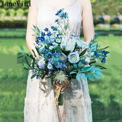 JaneVini Blue Flower Artificial Bride Bouquets 2021 Silk Rose Wedding Flowers Bridal Bouquet Fleur Bleu Ramo De Novia Vintage