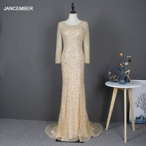 YY275 JANCEMBER Luxury New Evening Dress Womens Slimming Temperament Annual Meeting Toast Host Long Sleeve Shiny Fishtail Dress