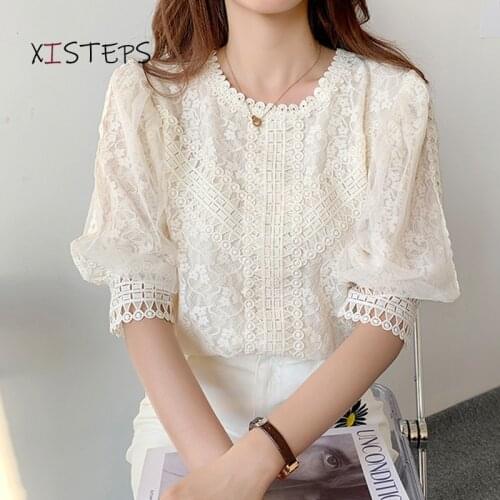 2021 Summer Lace Blouses Puff Sleeve Female Elegant Lace Shirts Hollow Out Lace Patchwork Women Tops Flower Clothings