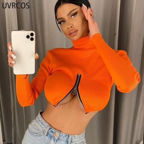 UVRCOS Womens Clothing Knitted Cotton High Neck Reverse Zip Sweater Pullover Women Aesthetic High Street Full Sleeve Short Tees