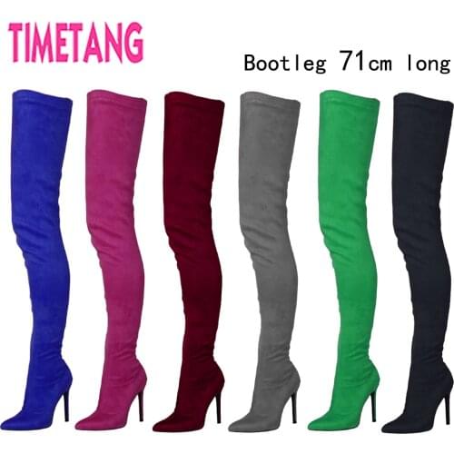 TIMETANG 71cm Long Ladies Boots Suede Elastic Thigh High Heels Women Boot Sexy Pointed Toe Over The Knee Shoes Big Size US 4-13