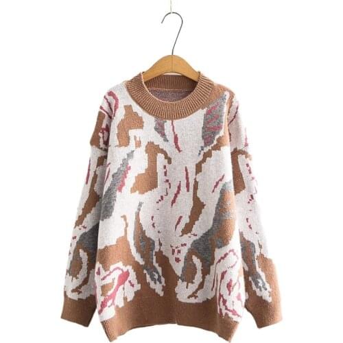 Mori Girl Style Women Retro Hit Color Abstract Loose O-neck Thick Knit Sweater Femme Harajuku Pullovers 2010700