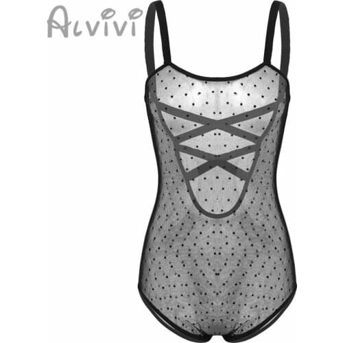 Womens One-piece Lingerie Pajamas See Through Sheer Dotted Mesh Spaghetti Straps Gauze Wave Point Lingerie Bodysuit Nightwear