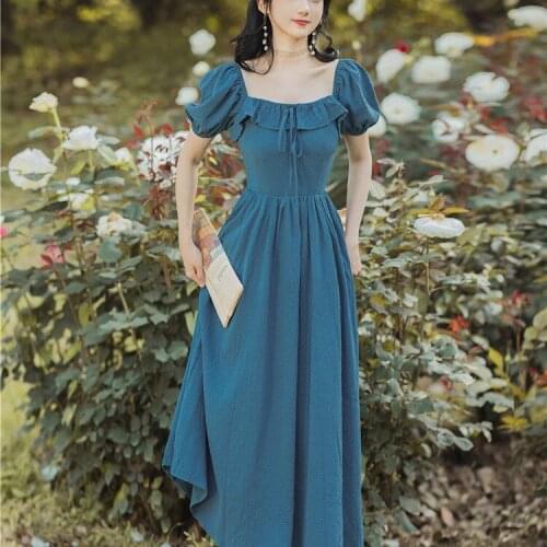 Mori Girl Cottage Style Vintage Bubble Short-sleeved Square Ruffles Collar Fairy Princess Dress Women Midi Blue Dresses Vestido