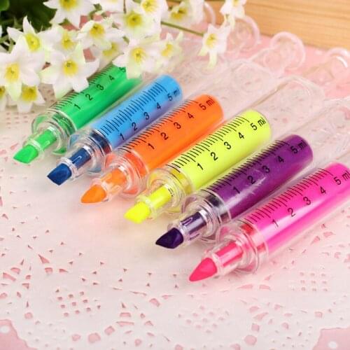 24Pcs Kawaii Syringe Highlighter Cartoon Cute Korea Creative Gift Fluorescent Water Color Marker Pen School Supplies Stationery