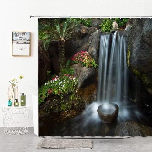 3D Shower Curtain Green Forest Garden Small Waterfall Stone Nature Landscape Bathroom Decor Curtains Bath Supplies With Hook