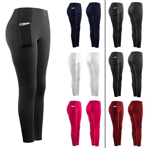40# Leggings Sports Women Fitness High Waist Stretch Athletic Gym Casual Leggings Running Sports Pockets Pants For Cell Phone