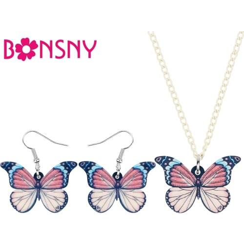 Bonsny Acrylic Brush-footed Butterfly Jewelry Sets Print Insect Animal Earrings Necklace For Women Kid Trendy Wedding Decoration