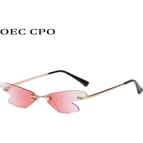 OEC CPO Sexy Butterfly Sunglasses Women Fashion Pink Rimless Sun Glasses Female Vintage Unique Small Metal Eyewear Men Oculos