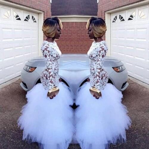 White Prom Dresses Mermaid Long Sleeves Tulle Appliques Lace Ruffles Long Prom Gown Evening Dresses Robe De Soiree