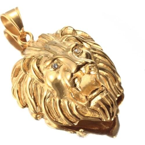 Charms Crystal 316L Stainless Steel Gold Punk Lion Head Biker Jewelry Mens Womens Pendant Necklace Free Chain 24" Christmas Gift
