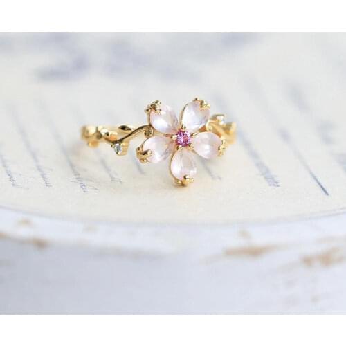 Designer original pink crystal natural peach petal opening adjustable ring China fresh and romantic ladies brand jewelry