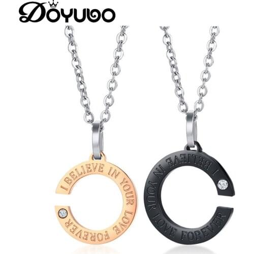 DOYUBO Lovers 316L Stainless Steel Lettle C Pendant Necklace With Gold And Black Plating "Love You Forever " Charms Chain DC232