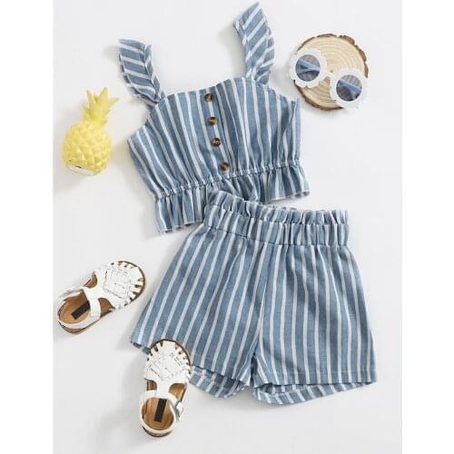 FOCUSNORM 3-8Y Summer Lovely Kids Girls Clothes Sets Striped Printed Single Breasted Sleeveless Vest Tops Shorts