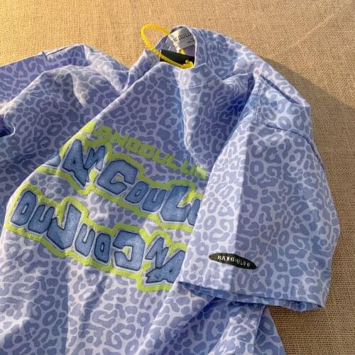 Summer college style leopard print letter printing half-sleeved mid-length loose cotton T-shirt all-match casual women