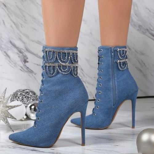 New fashion bling bling crystal embellished high heel boots sexy pointed toe lace-up ankle boots denim blue thin heels boots