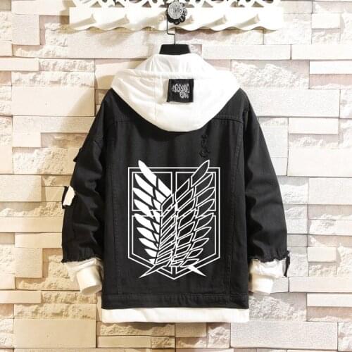Attack on Titan Cartoon Jeans Jacket Cosplay Cotume Harajuku Printed Denim Hooded Sweatshirt Outwear Coat Streetwear