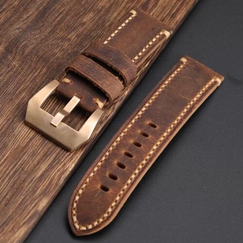 Compatible With Bronze Watch Leather Watchband 20 21 22 23 24MM Retro Brown Double-Folded Men Leather Bracelet