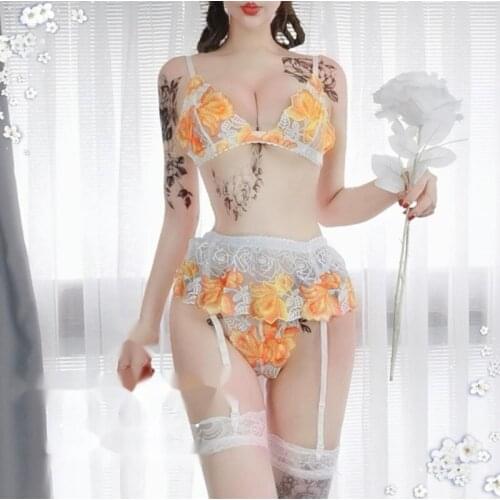 Occident Sexy Bra Summer Thin Lace Underwear Womens Non Steel Ring Suspender Socks Underwear 3-piece Set Passion Bikini IFSY