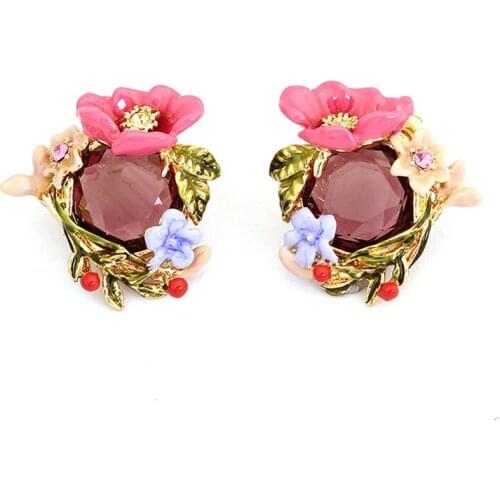 Winter garden series pink enamel peony flower crystal winding branches 925 silver needle stud earrings niche design earrings