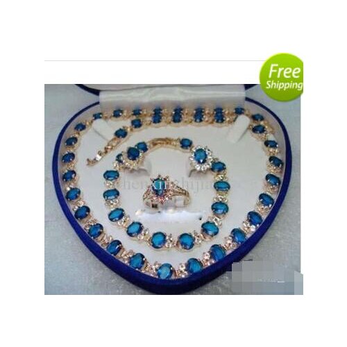 Blue Stone Yellow Crystal Necklace Bracelet Earrings Ring Jewelry set jade crystal Jewelry