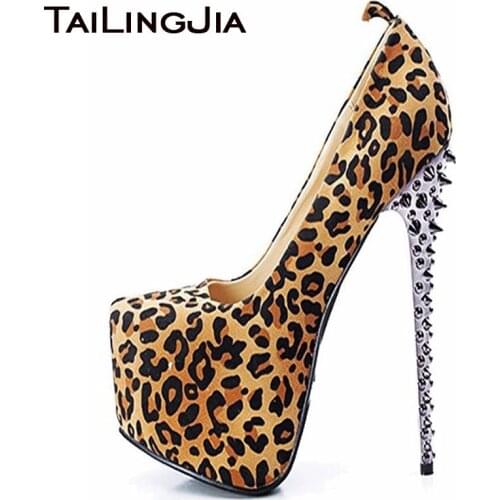 Women Platform Pumps Party Evening Heels Shoes Faux Suede Leopard Studs Cool Rivets Round Toe Slip On Free Shipping Wholesale