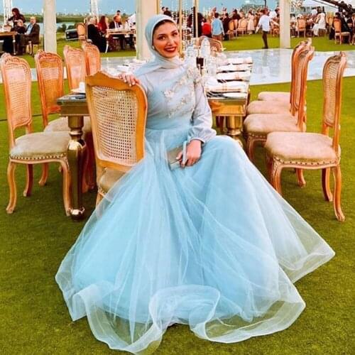 Vkbridal Lace Prom Dresses for Muslim Long Sleeves Ball Gowns Tulle Evening Gowns Luxury Arab Formal Party Gowns with Scarf