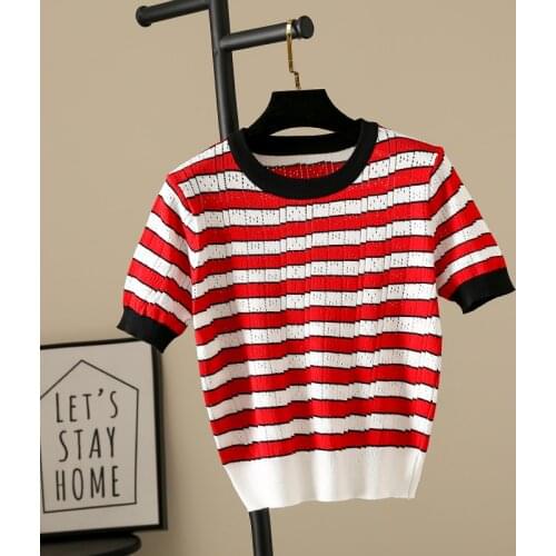 Knitted Hollow Out Tops Women Cute Striped T Shirt 2021 Summer O Neck Short Sleeve Tshirt Thin Womens Tops