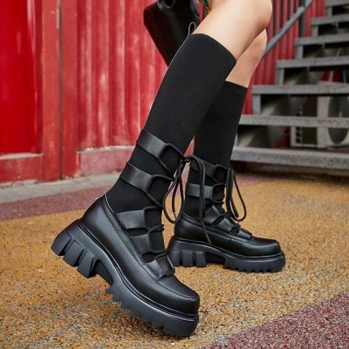 Winter Newest Knee High Boots Elastic Band Genuine Leather Round Toe Platform Chunky Heels Pumps Basic Shoes Woman