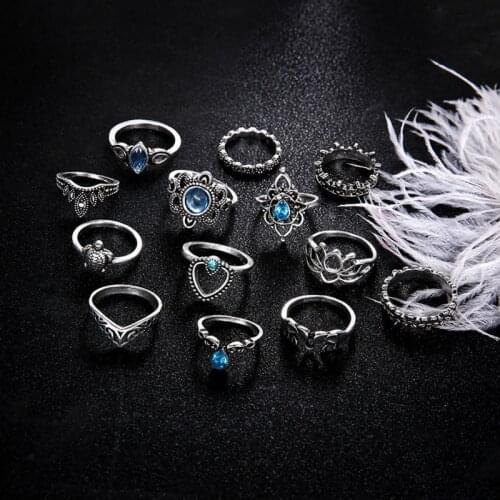 2021 Women Jewelry New 13 Pcs/set Retro Inlaid Diamond Carved Blue Gem Joint Ring Set