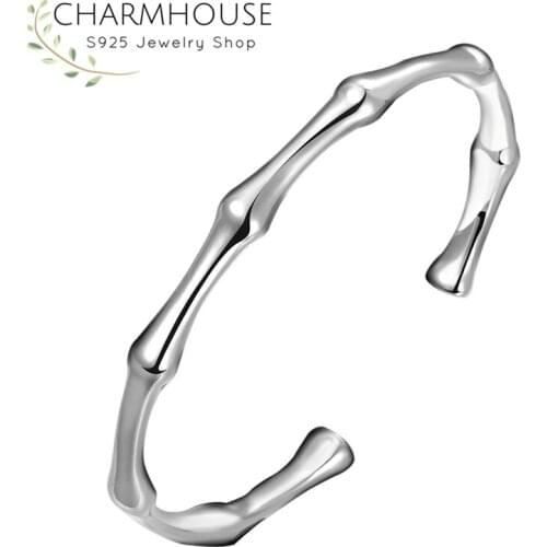 Solid 925 Silver Bangles & Bracelets For Women Bamboo Cuff Bangles Adjustable Wristband Pulseira Fashion Wedding Jewelry Bijoux