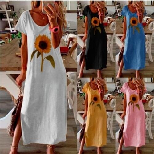Plus Size Women Sunflower Dress Casual Ladies Print Side Slit Long Maxi Dress Women Summer Beach Dress Vintage Vestidos