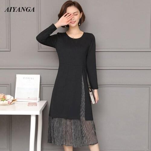 New Faux 2 Pieces Dress Women 2018 Autumn Winter Long Dress O Neck Casual Loose Patchwork Mesh Plus Size Dresses M-5XL