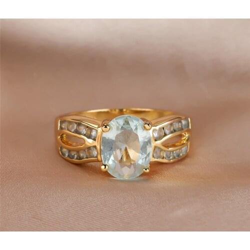 Aqua Blue Oval Stone Ring 4 Prong Crystal Zircon Rings For Women Engagement Jewelry Vintage Fashion Yellow Gold Birthstone Ring