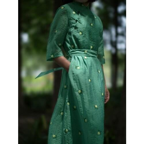 Summer cotton and hemp womens small light Tencel embroidery wenyisen womens waist dress 210552