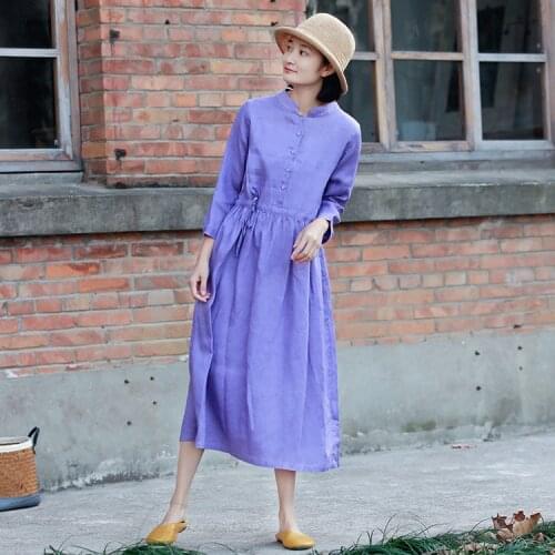 Women Loose Linen Waisted Dress Ladies Vintage Spring Summer Dress Female Solid Color Dresses 2020