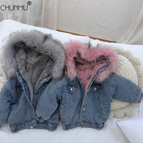 Winter Baby Girl Denim Jacket Thick Fur Collar Warm Toddler Girl Hooded Outerwear Coat Fashion Kids Infant Girl Parka