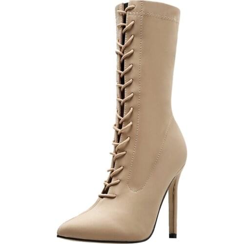 2019 Women Mid Boots New Autumn Early Winter Shoes Pointed Cross Strap Fashion warm Lace-Up Womens Boot Short Booties Jly22