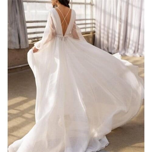 #9916 Princess Wedding Dress 2021 Chiffon A Line Puff Sleeves Bridal Gowns Open V Back Princess Boho Wedding Gown Plus Size