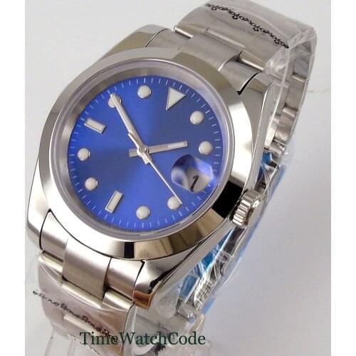 40mm automatic mens watch genuine NH35A Miyota8215 movement blue dial sapphire glass polished Oyster bracelet luminous Marks