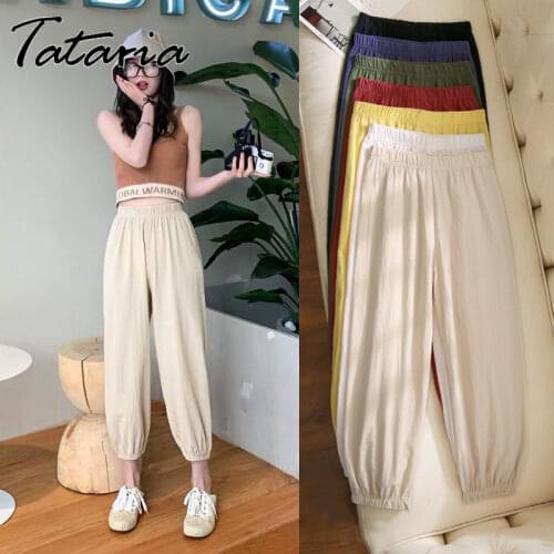 Cotton Linen Pants for Women Yellow Solid Color Women Harem Pants Capri Ankle-length High Waist Sweatpants Trousers for Female