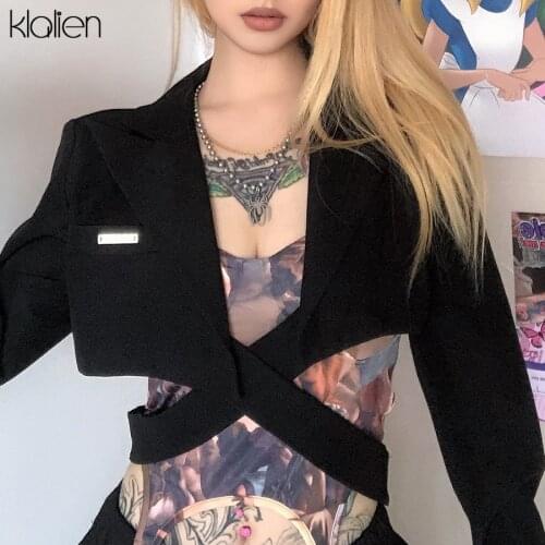 KLALIEN fashion sexy hollow out backless female short coat autumn casual street slim wild solid jacket women office lady top new