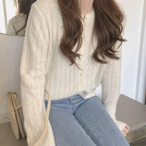 2020 Spring and Autumn New Cardigan Womens Round Neck Loose Hollow Knit Bottom Coat Sweater