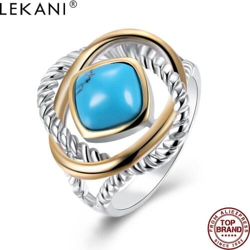 LEKANI Women Rings Square Pretty Blue Natural Stone Copper Ring Bohemia Style Female Fashion Jewelry Girlfriend Birthday Gift