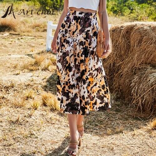 2021 Summer Spring Midiskirt Women Long Lap Flowing Skirts High Waist Tie-Dye Print Fashion Elegant Bandage Female A-line Outfit