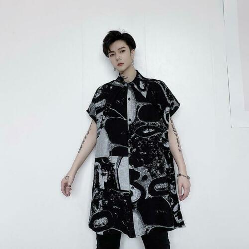 Mens Fashion Punk Gothic Loose Sleeveless Shirt Youth Casual Long Printed Shirts A6