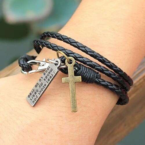 Mens Vintage Faux Leather Bracelet Cross Pendant Bracelets Friendship Bangle Gift