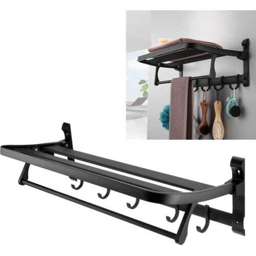 Wall Mounted Towel Rack Space Aluminum Towel Holder Folding Storage Shelf for Bathroom Toilet Organizer Black