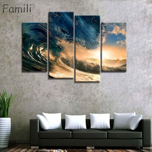 New 4Pcs/set canvas art HD Sea Wave Canvas Paintings Wall Art Home Decoration for home Canvas Oil Painting For Living Room