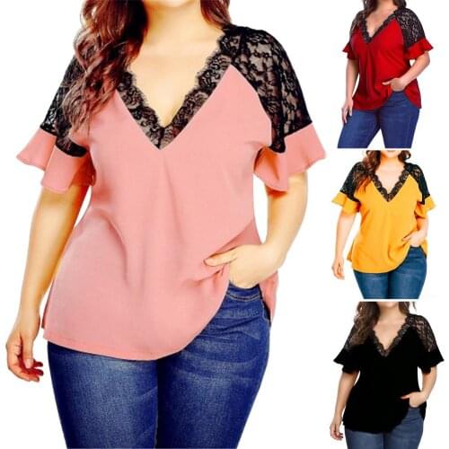 New Summer Vintage Women Blouse Shirt Sexy Women Short Ruffled Sleeve Deep V Neck Lace Patchwork Loose Blouse T-shirt Plus Size